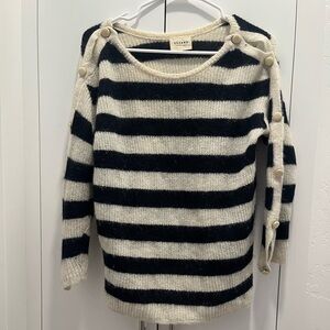 Sezane Navy and Cream Buttoned Knit Top